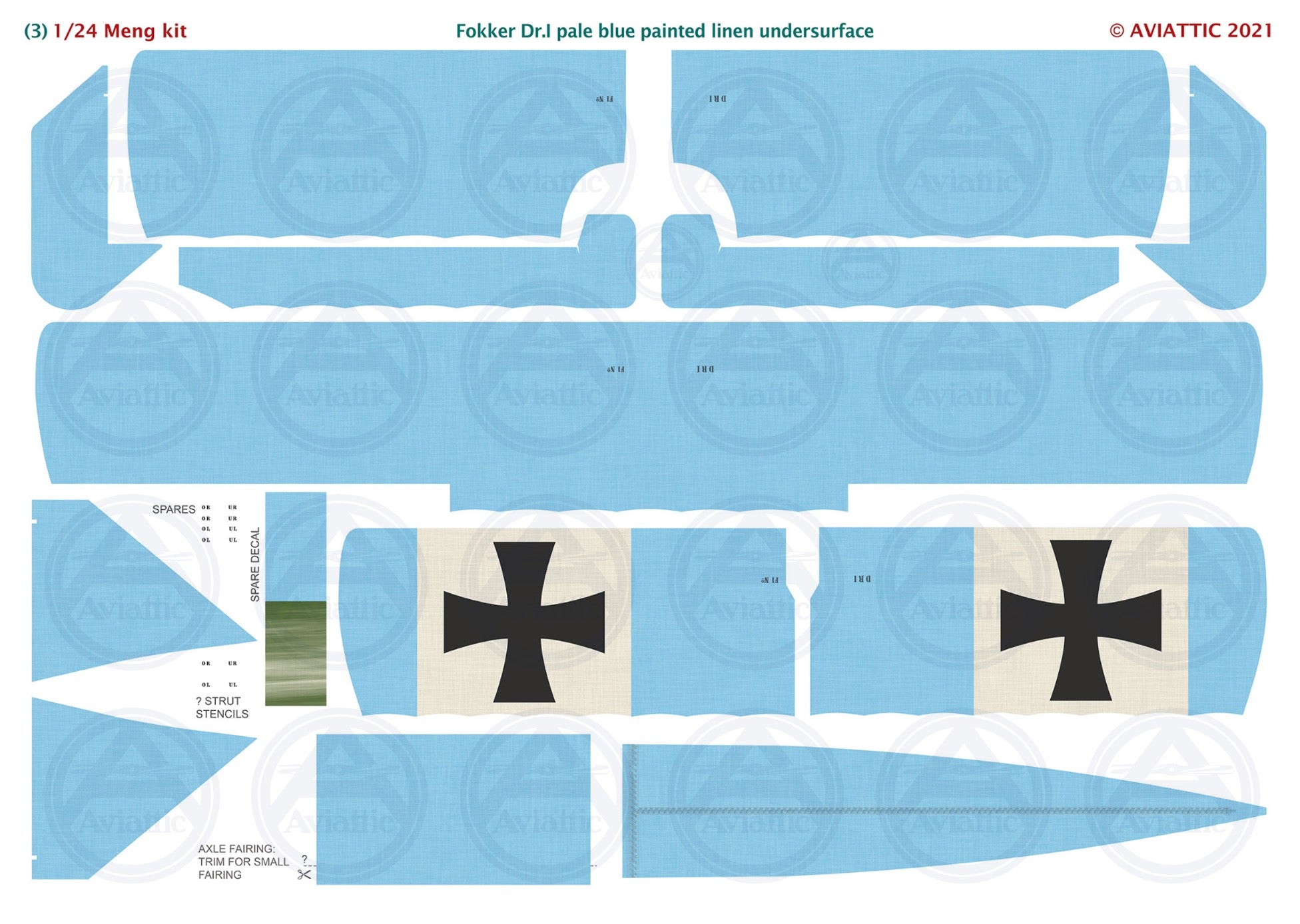 1/24 - Meng - Fokker Dr.I - streaked camouflage unbleached linen - pale blue painted linen undersurface - scheme A