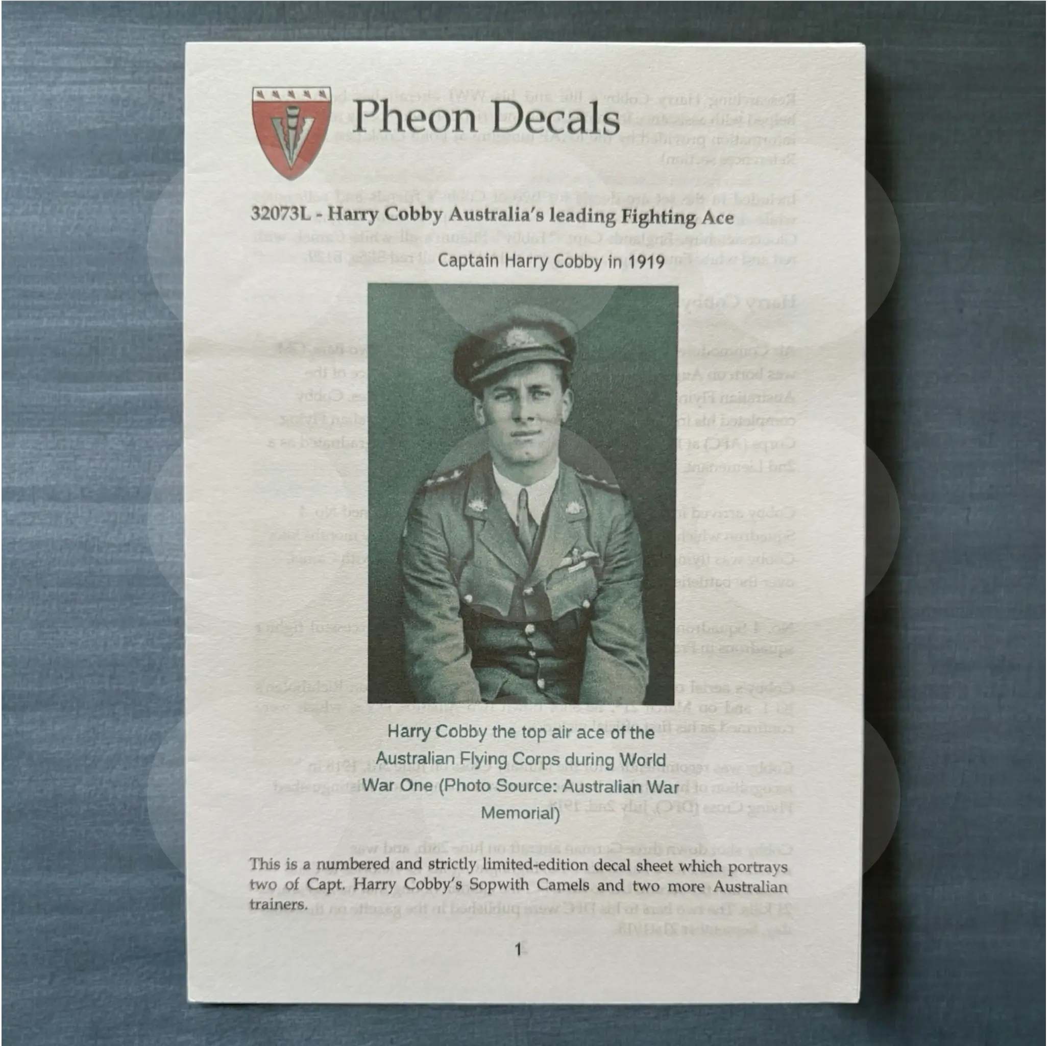 Pheon Decals - Harry Cobby Australia Ace & Instructor - 1/32 scale - 32073L Ltd Edition