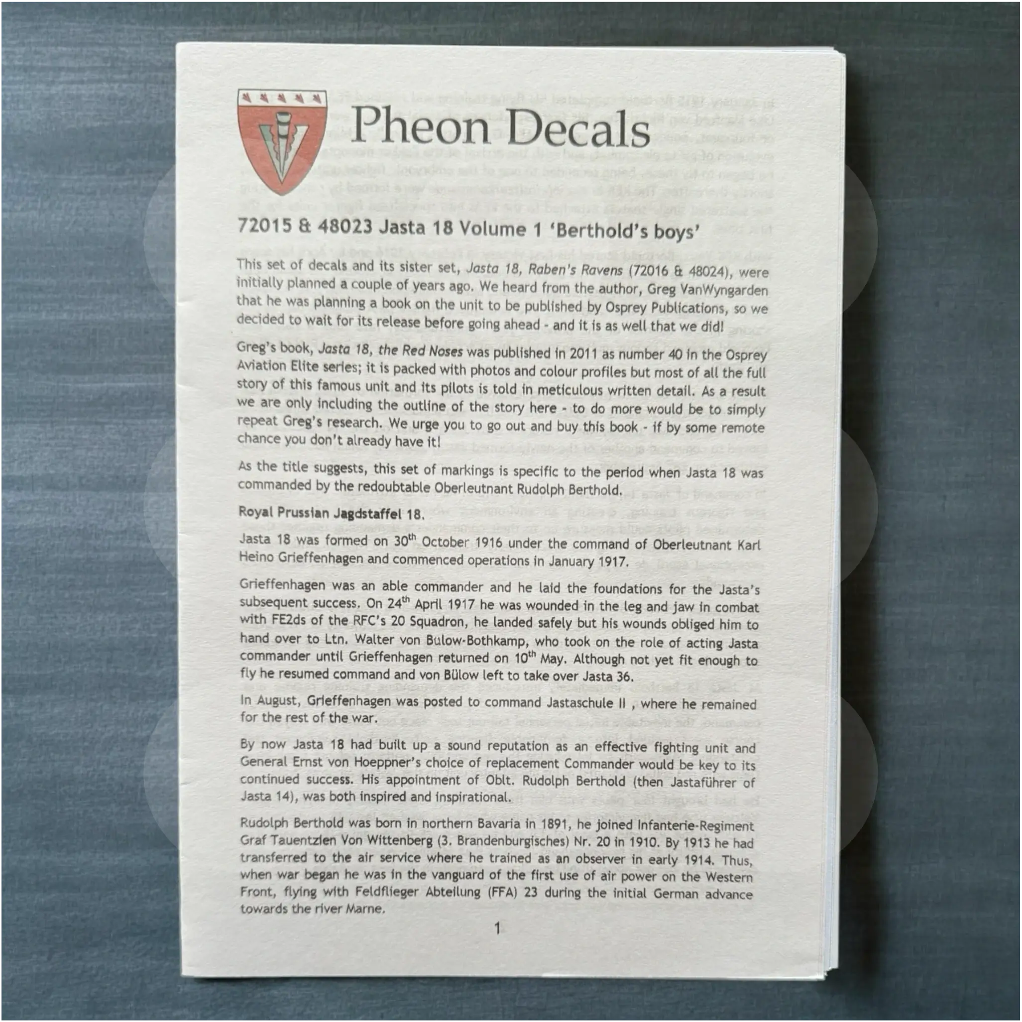 Pheon Decals - Jasta 18 Volume 1 Berthold's Boys - 1/72 scale - 72015