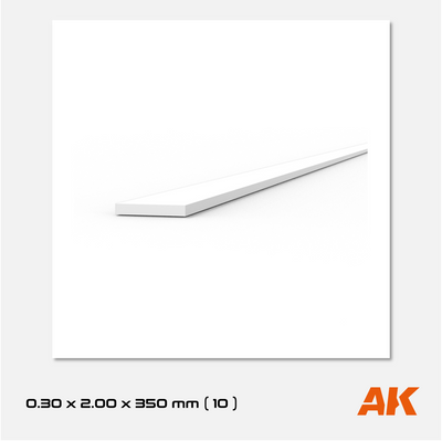 AK Styrene Strip 0.30mm x 2.00mm x 350mm (10 units)