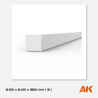 AK Styrene Strip 2.00mm x 2.00mm x 350mm (9 units)