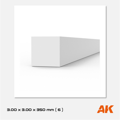 AK Styrene Strip 3.00mm x 3.00mm x 350mm (6 units)