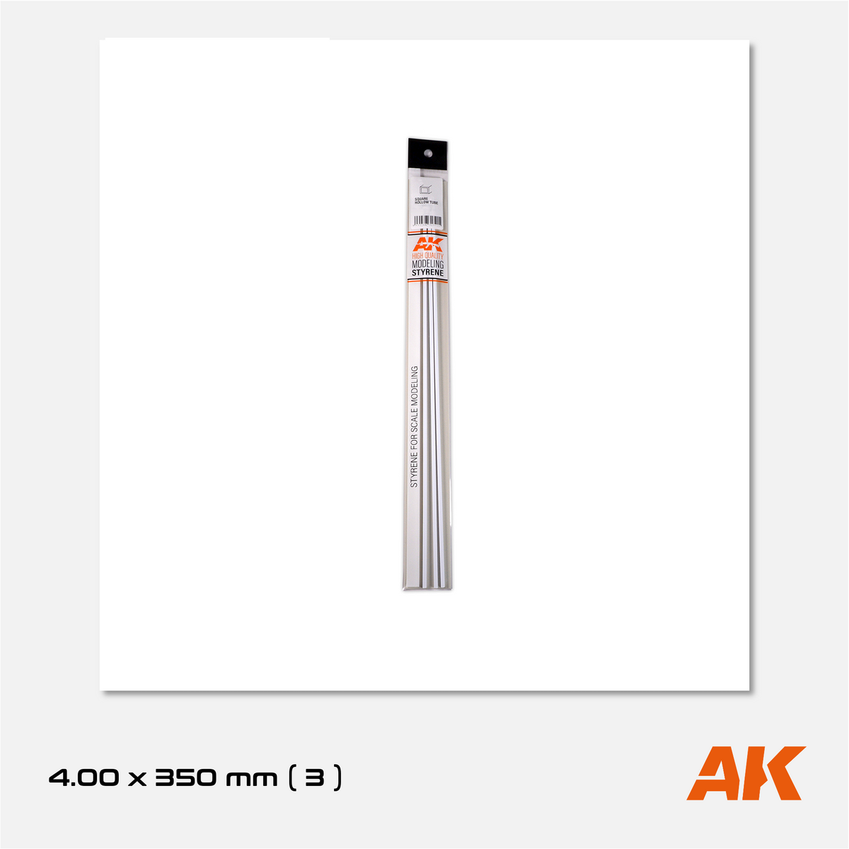 AK Styrene Square Tube - 4.00mm x 350mm (3 units)