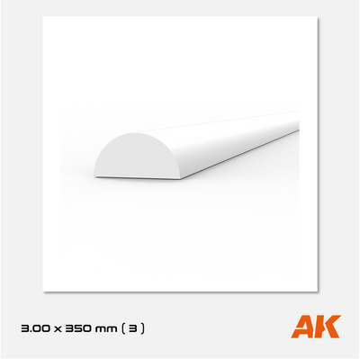 AK Styrene Half Cane - 3.00mm x 350mm (3 units)