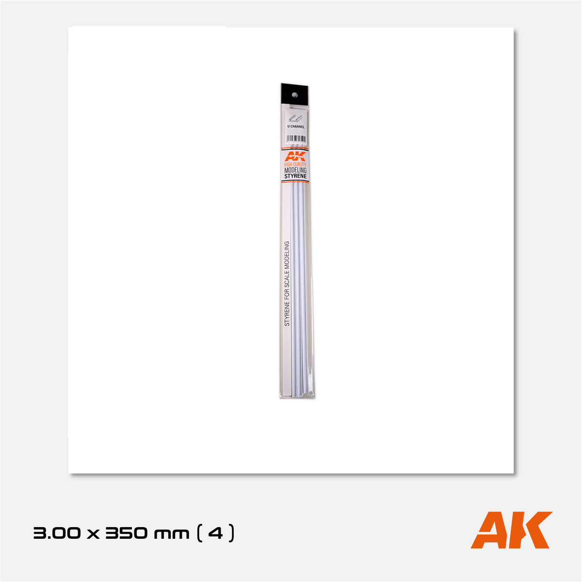 AK Styrene U-Channel - 3.00mm width x 350mm (4 units)