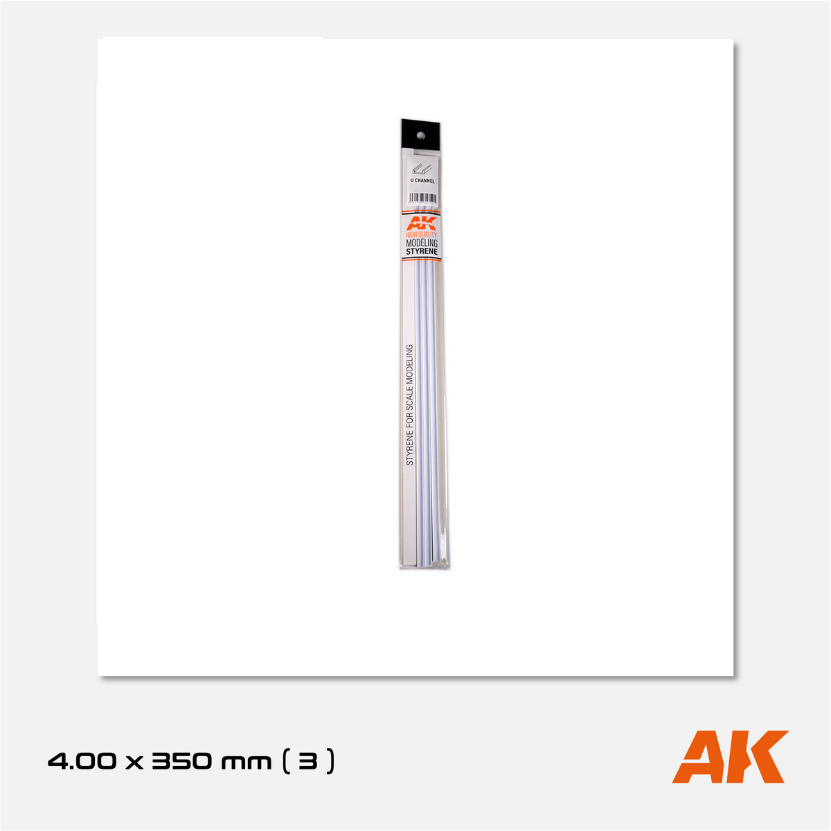 AK Styrene U-Channel - 4.00mm width x 350mm (3 units)