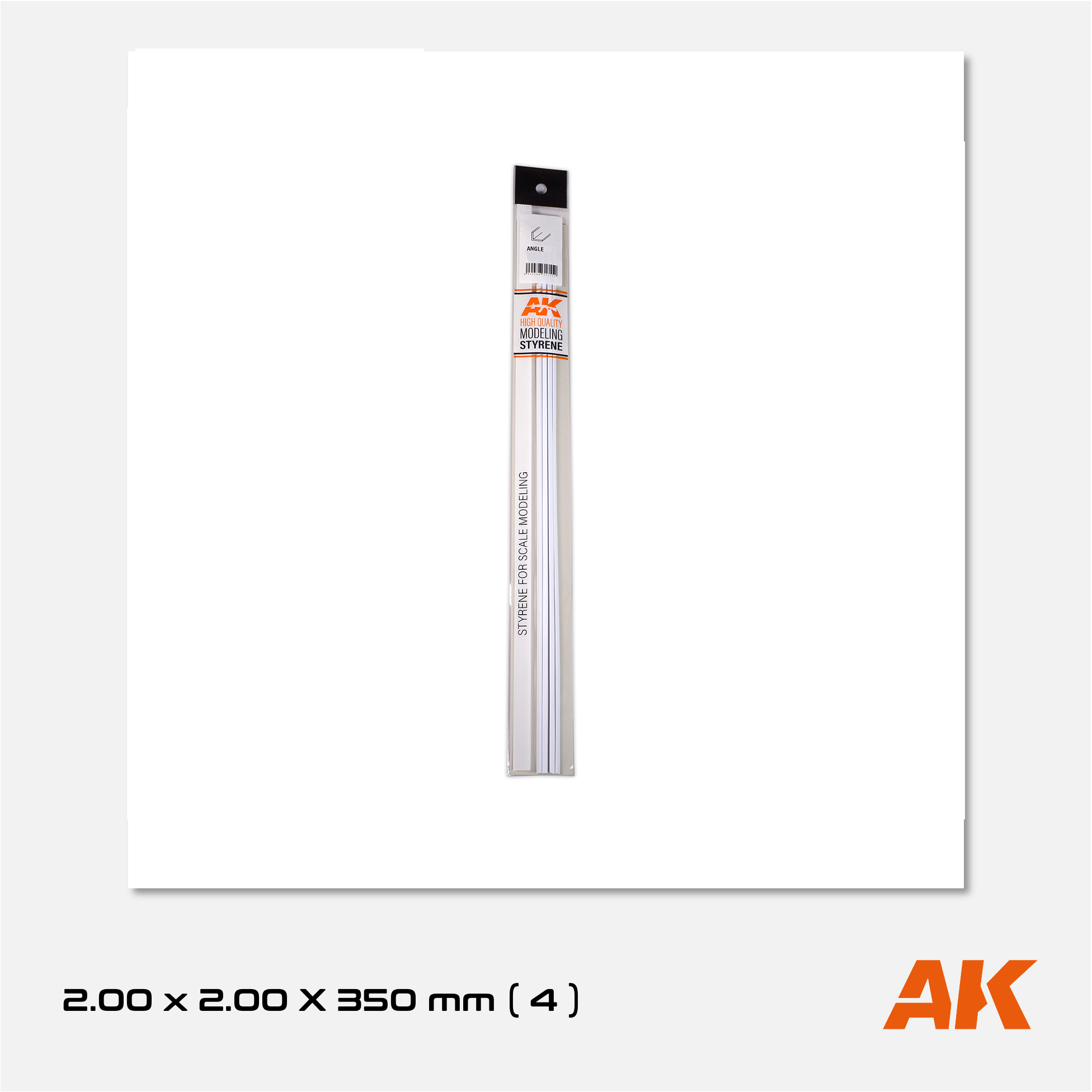 AK Styrene Angle - 2.00mm x 2.00mm x 350mm (4 units)