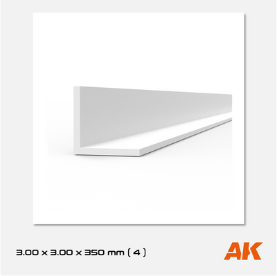 AK Styrene Angle - 3.00mm x 3.00mm x 350mm (4 units)