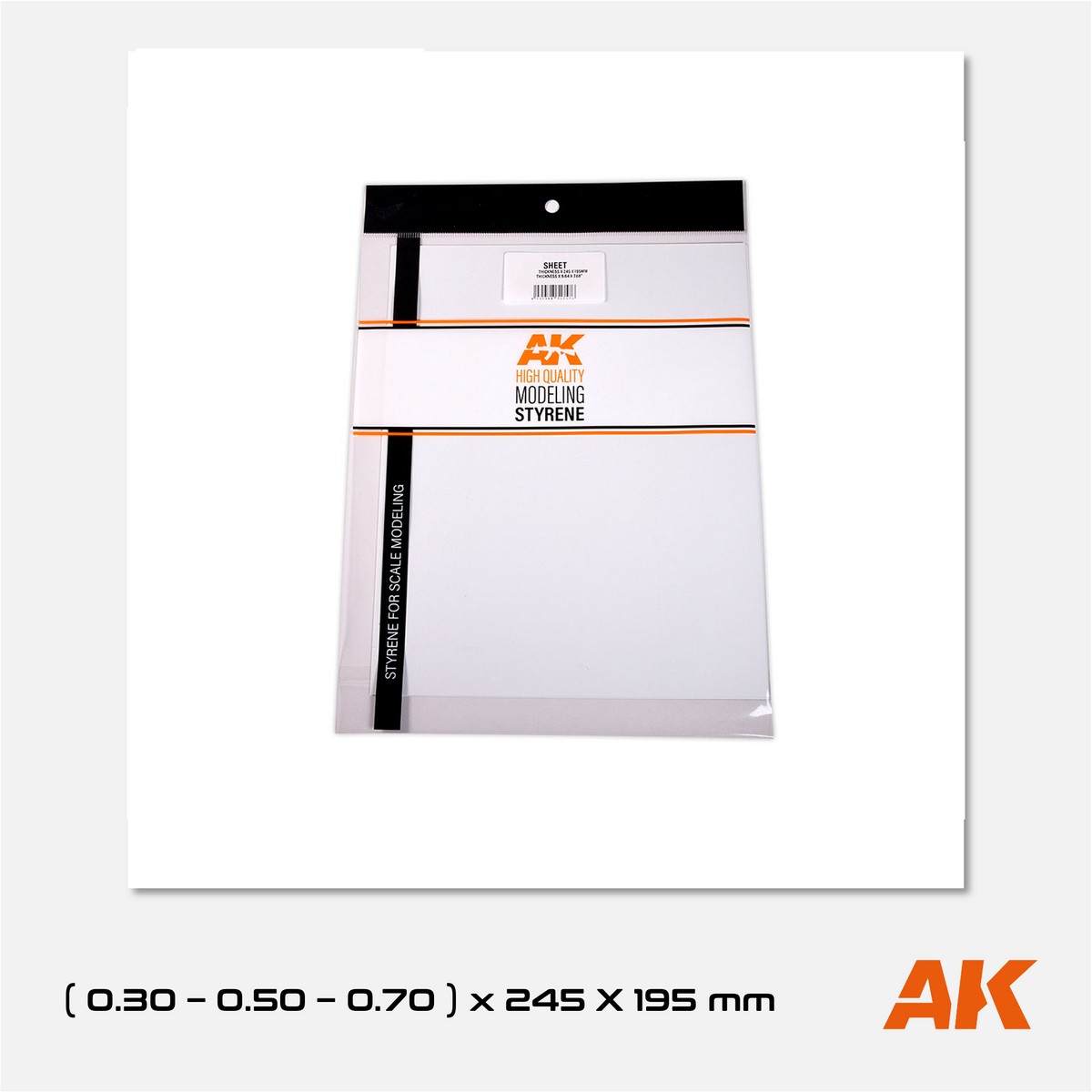 AK Styrene Sheet Set - 0.30mm, 0.50mm, 0.70mm thickness - 245mm x 295mm
