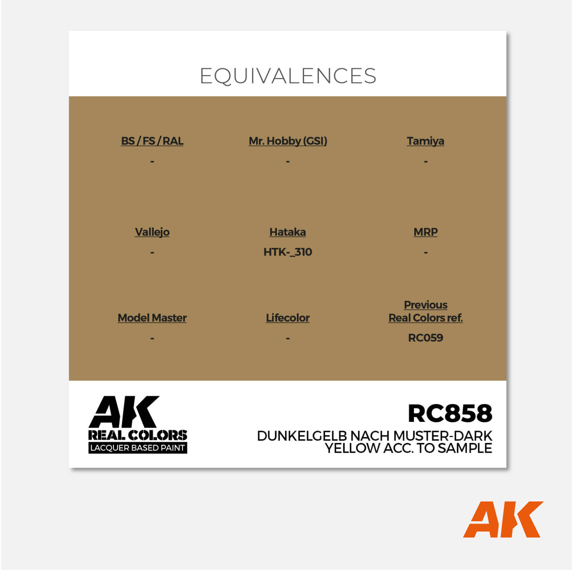 AK Interactive - Real Colors Lacquer Based Paint - Dunkelgelb Nach Muster - Dark Yellow acc. to Sample - RC858 - Gothaforce