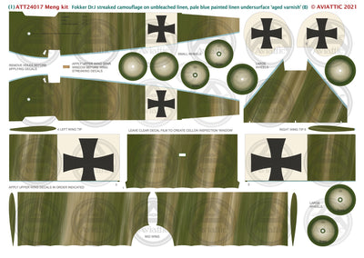 1/24 - Meng - Fokker Dr.I - streaked camouflage unbleached linen - pale blue painted linen undersurface - aged varnish - scheme B