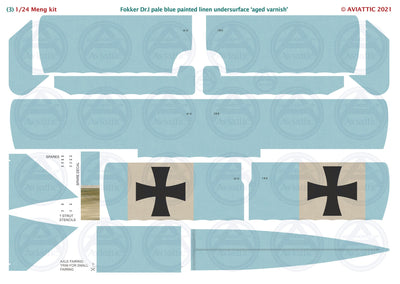 1/24 - Meng - Fokker Dr.I - streaked camouflage unbleached linen - pale blue painted linen undersurface - aged varnish - scheme C