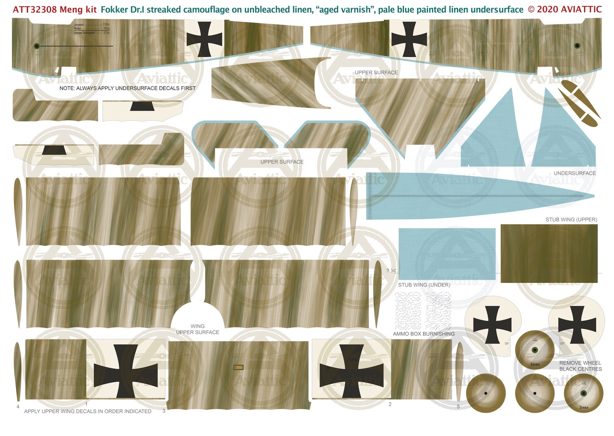 1/32 - Meng - Fokker Dr.I - streaked camouflage unbleached aged varnish - pale blue linen under surfaces